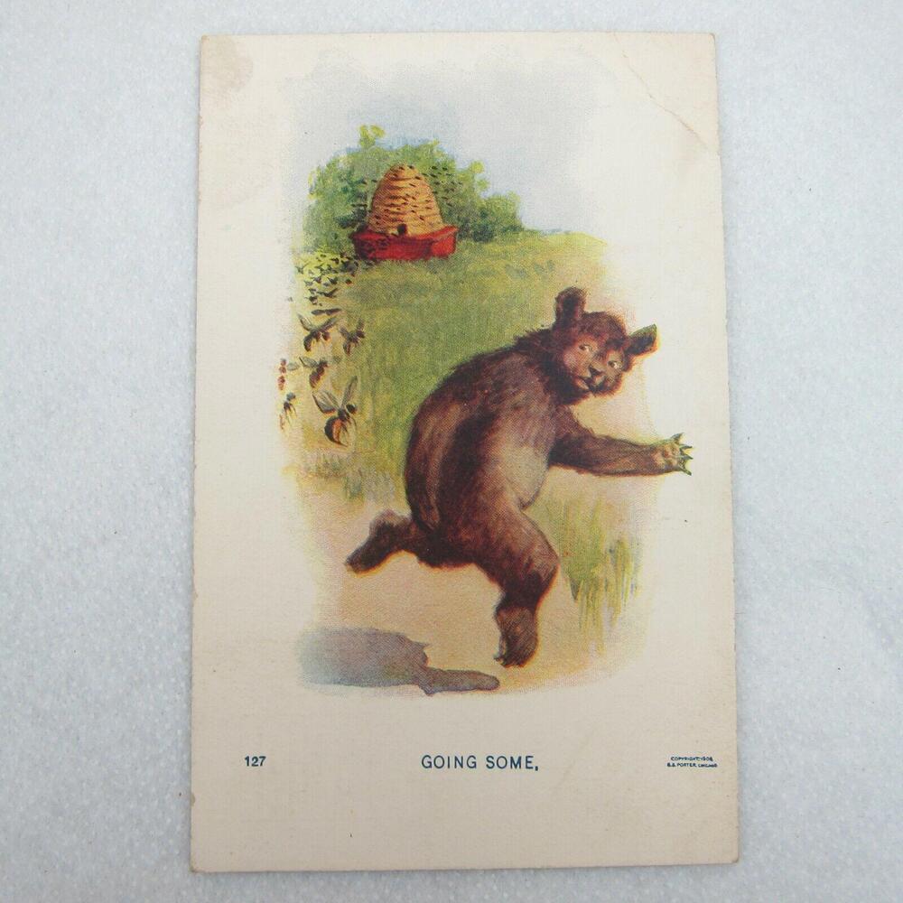 Antique 1908 Postcard Anthropomorphic Bear Chase Honey Bees Hive BS Porter RARE